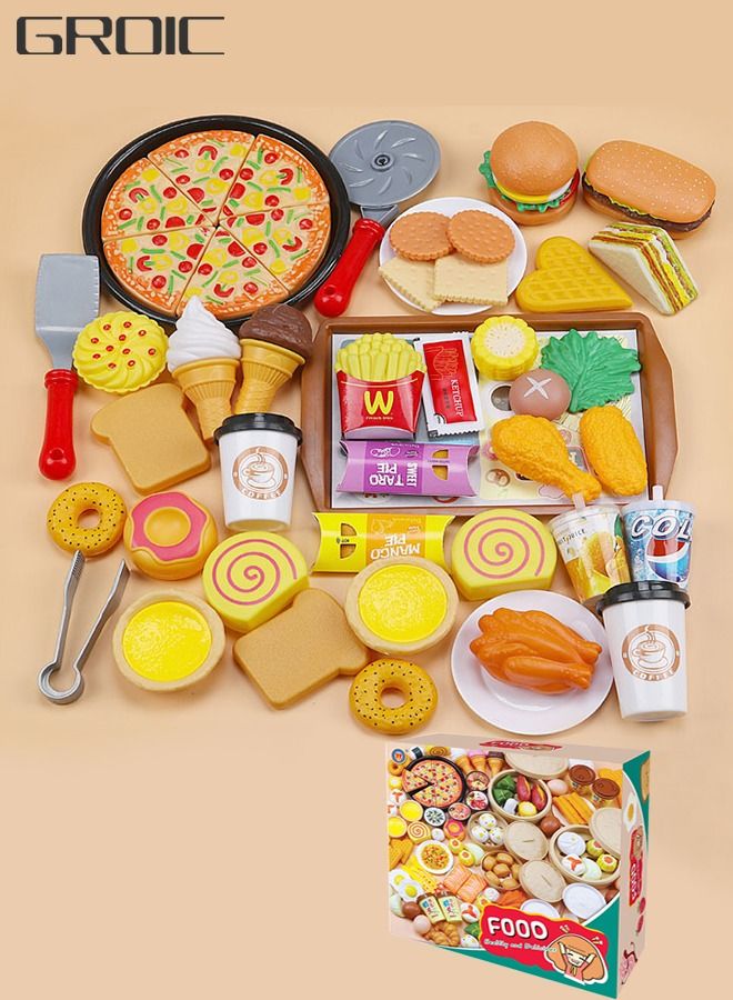 56PCS Fast Food Toys Play Food Toy Set,Kitchen Pretend Play Accessories Toy,Including Hamburger French Fries Ice Cream,Early Learning & Pretend Play Toy,Play Kitchen Accessories for Toddlers