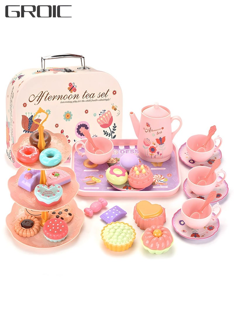 Tea Set for Little Girls, Princess Tea Time Toys Playset- Teapot Dishes Dessert & Carrying Case, Kitchen Pretend Play Tea Party Set,Kids Kitchen Pretend Play