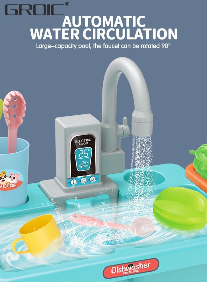 Pretend Play Kitchen Sink with Running Water, Kids Play Kitchen Toy Sink Electronic Dishwasher, Pretend Role Play Kitchen Toys Set with Upgraded Working Faucet and Dishes Playset