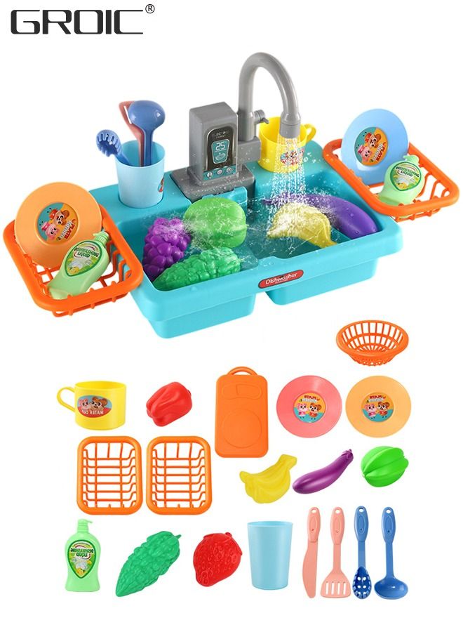 Pretend Play Kitchen Sink with Running Water, Kids Play Kitchen Toy Sink Electronic Dishwasher, Pretend Role Play Kitchen Toys Set with Upgraded Working Faucet and Dishes Playset