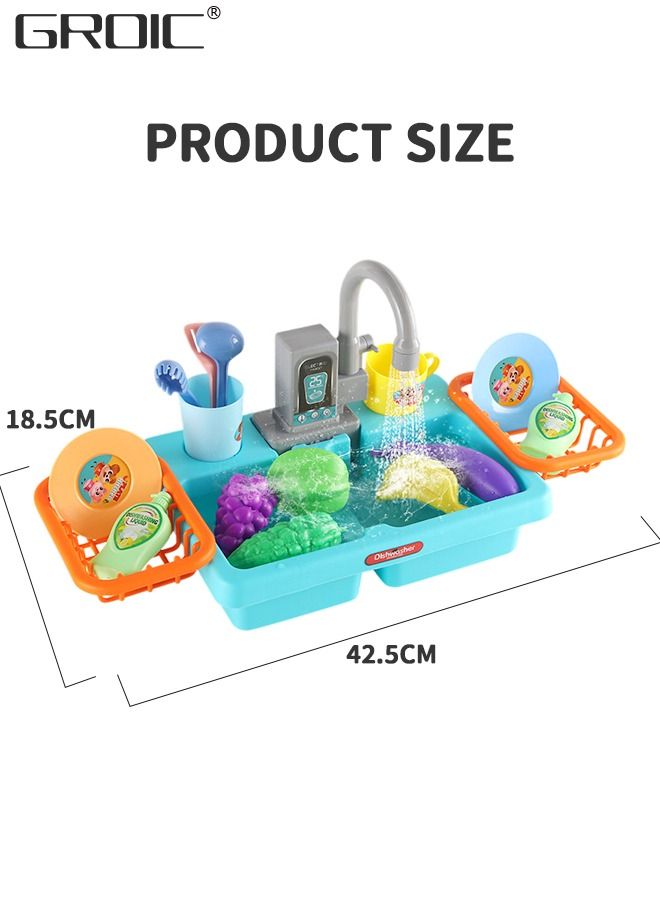 Pretend Play Kitchen Sink with Running Water, Kids Play Kitchen Toy Sink Electronic Dishwasher, Pretend Role Play Kitchen Toys Set with Upgraded Working Faucet and Dishes Playset