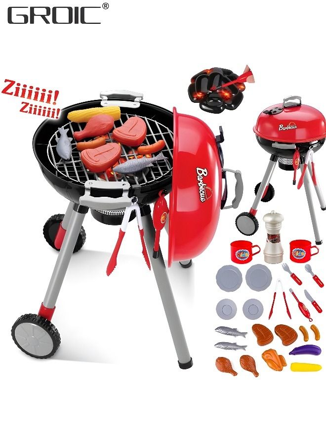 BBQ Play Set Toys for Kids,Barbecue Playset Food Cooking Playset Kitchen Playset with 1 Barbecue Grill, 2 Cooking Grates, Meats, Vegetables, Utensils, Kitchen Pretend Play