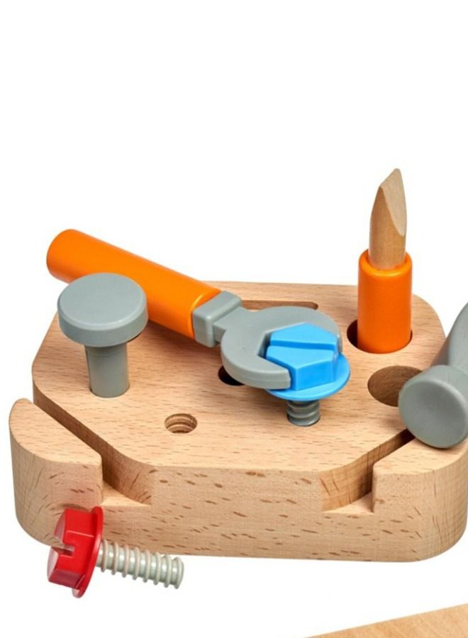 Wooden Play Tools Set Kit For Kids Portable Pretend Play Tools Set With Screwdriver Hammer Saw Wrench Toys Carpenter Role Play Toys Construction Mechanic Play Tool Set For Kids 2+Years Boy Girl