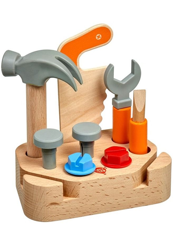 Wooden Play Tools Set Kit For Kids Portable Pretend Play Tools Set With Screwdriver Hammer Saw Wrench Toys Carpenter Role Play Toys Construction Mechanic Play Tool Set For Kids 2+Years Boy Girl