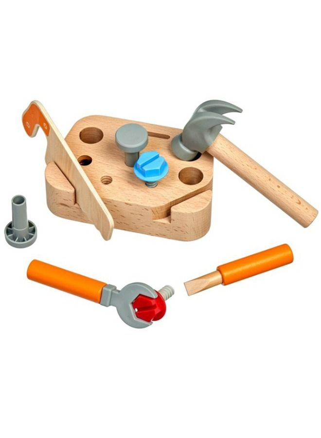 Wooden Play Tools Set Kit For Kids Portable Pretend Play Tools Set With Screwdriver Hammer Saw Wrench Toys Carpenter Role Play Toys Construction Mechanic Play Tool Set For Kids 2+Years Boy Girl