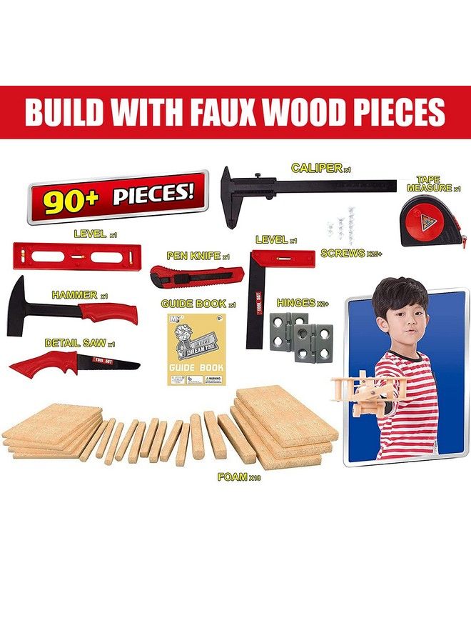 Diy Deluxe Foam Wood Kids Stem Toys Carpentry Construction Engineering Tool Workshop Kit With 6 Project Ideas (90 Piece Set)