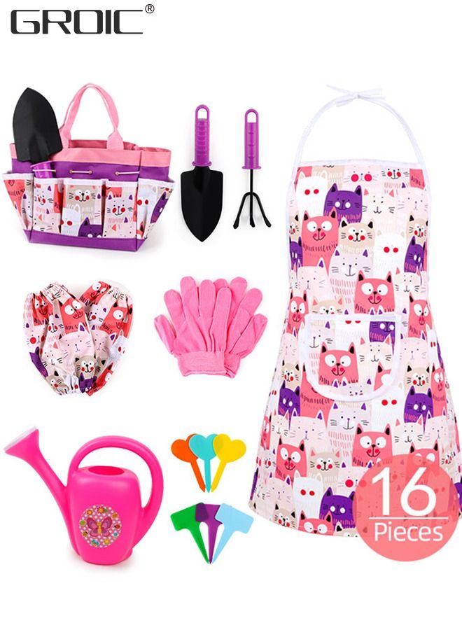 Kids Gardening Tool Set 16 PCS - Kids Gardening Tools Shovel Rake Fork Trowel Apron Gloves Watering Can and Tote Bag,Garden kit for Toddler,Outdoor Indoor Play Set