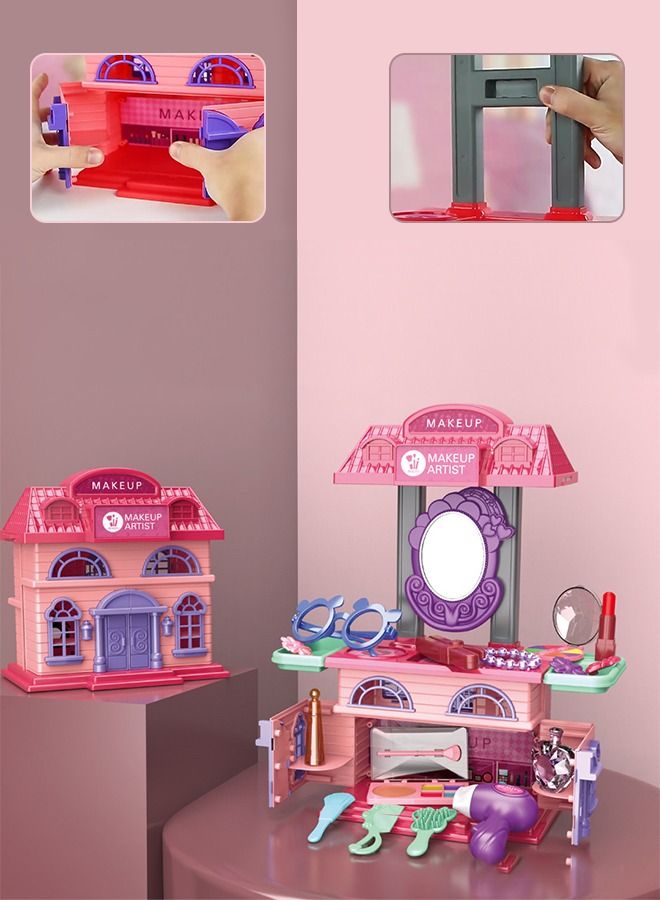 2-in-1 Vanity Table Set Girls Toy Makeup Accessories with Mirror, Makeup Pretend Cosmetics, Hair Dryer and Beauty Accessories,Makeup Toys Pretend Play House 31PCS