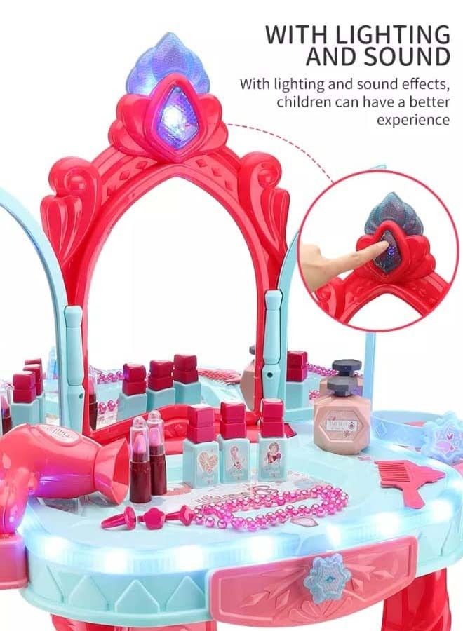 Kids Beauty Set Makeup Kit For Girls With Dressing Table And Chair Mirror Music Pretend Play Toys For Girls Role Play Toys Beauty Set For Kids Girls Kids Make Up Set Toys For Girls 3+Years