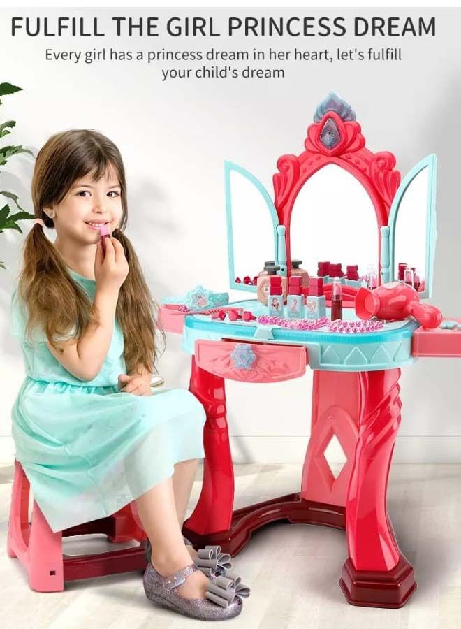 Kids Beauty Set Makeup Kit For Girls With Dressing Table And Chair Mirror Music Pretend Play Toys For Girls Role Play Toys Beauty Set For Kids Girls Kids Make Up Set Toys For Girls 3+Years