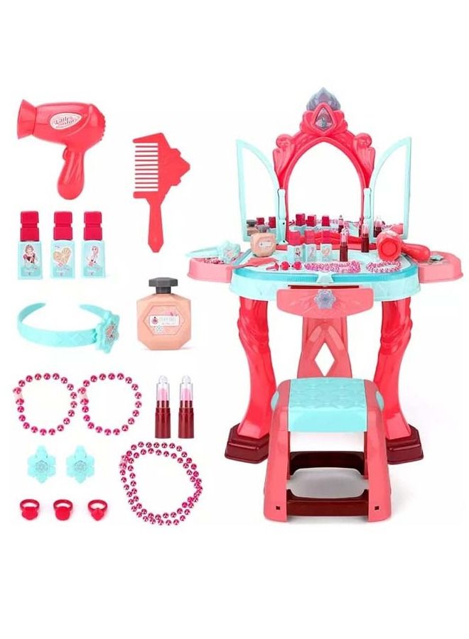 Kids Beauty Set Makeup Kit For Girls With Dressing Table And Chair Mirror Music Pretend Play Toys For Girls Role Play Toys Beauty Set For Kids Girls Kids Make Up Set Toys For Girls 3+Years