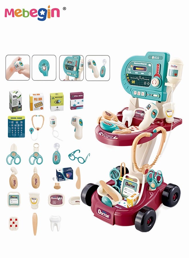 24 Pcs Doctor Playset Pretend Toys Medical Kit Toy Cart with Stethoscope and Toy Accessorie Mobile Cart Toy Medical Kit for Kids Role Play Gift For Toddlers