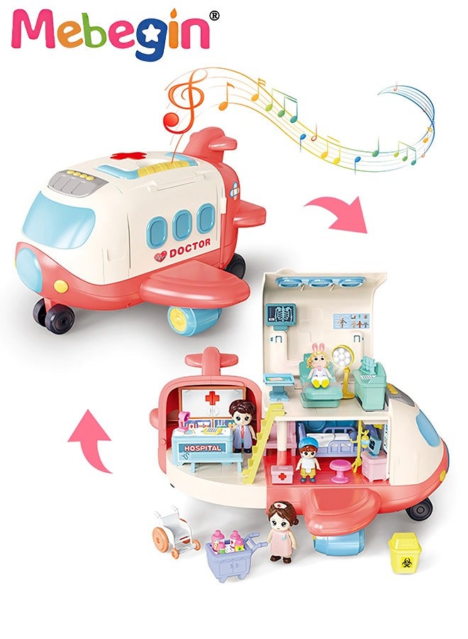 Mini Medical Aircraft, Airplane Deforming Hospital Playset with Music and Light, Pretend First-aid Station with Dolls and Other Accessories, Fun Role Playing Game, Ideal Gift for Kids Aged 3+