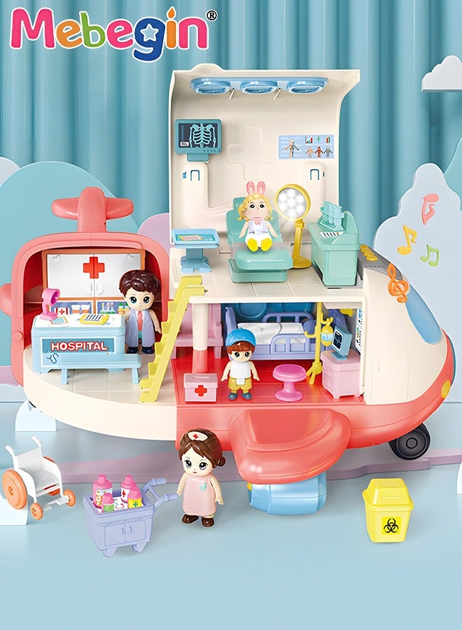 Mini Medical Aircraft, Airplane Deforming Hospital Playset with Music and Light, Pretend First-aid Station with Dolls and Other Accessories, Fun Role Playing Game, Ideal Gift for Kids Aged 3+