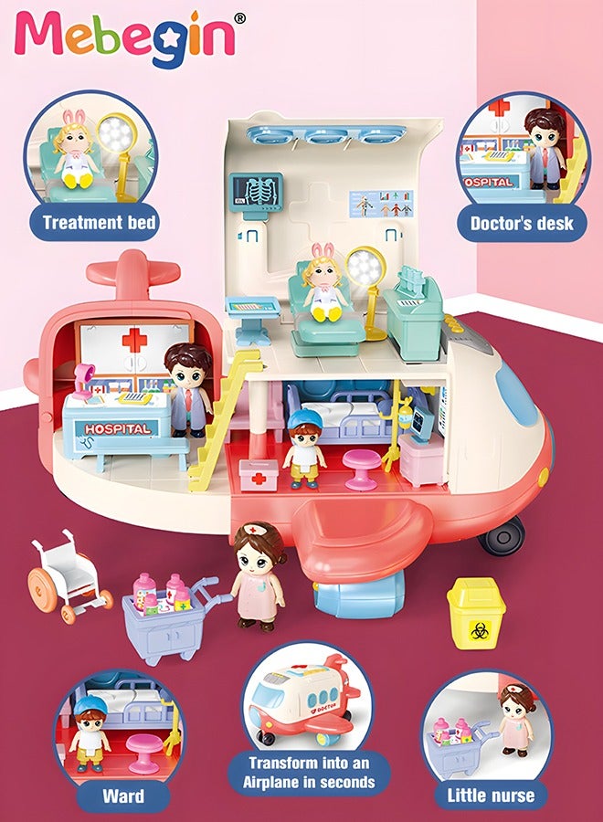 Mini Medical Aircraft, Airplane Deforming Hospital Playset with Music and Light, Pretend First-aid Station with Dolls and Other Accessories, Fun Role Playing Game, Ideal Gift for Kids Aged 3+