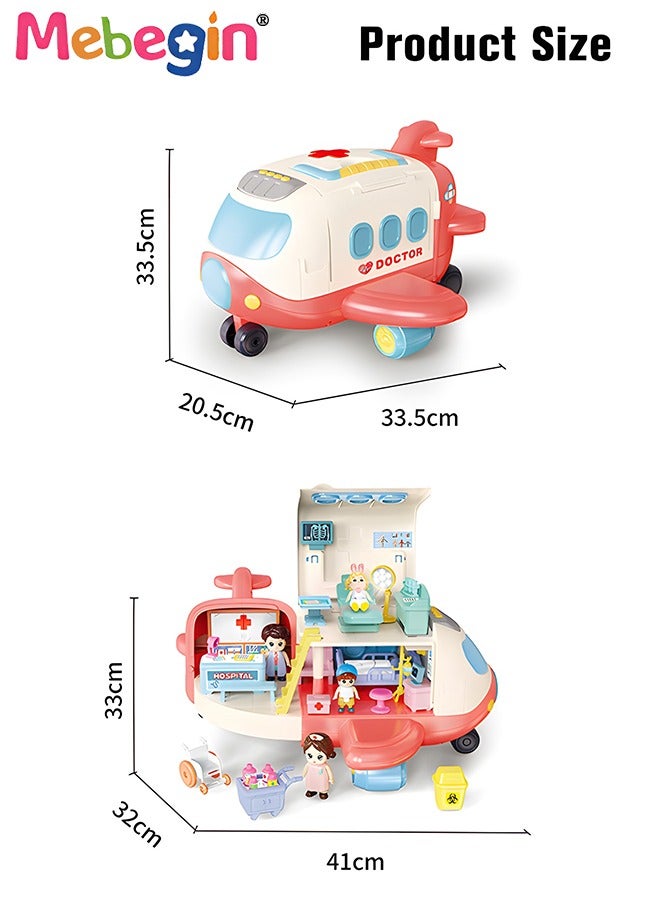 Mini Medical Aircraft, Airplane Deforming Hospital Playset with Music and Light, Pretend First-aid Station with Dolls and Other Accessories, Fun Role Playing Game, Ideal Gift for Kids Aged 3+