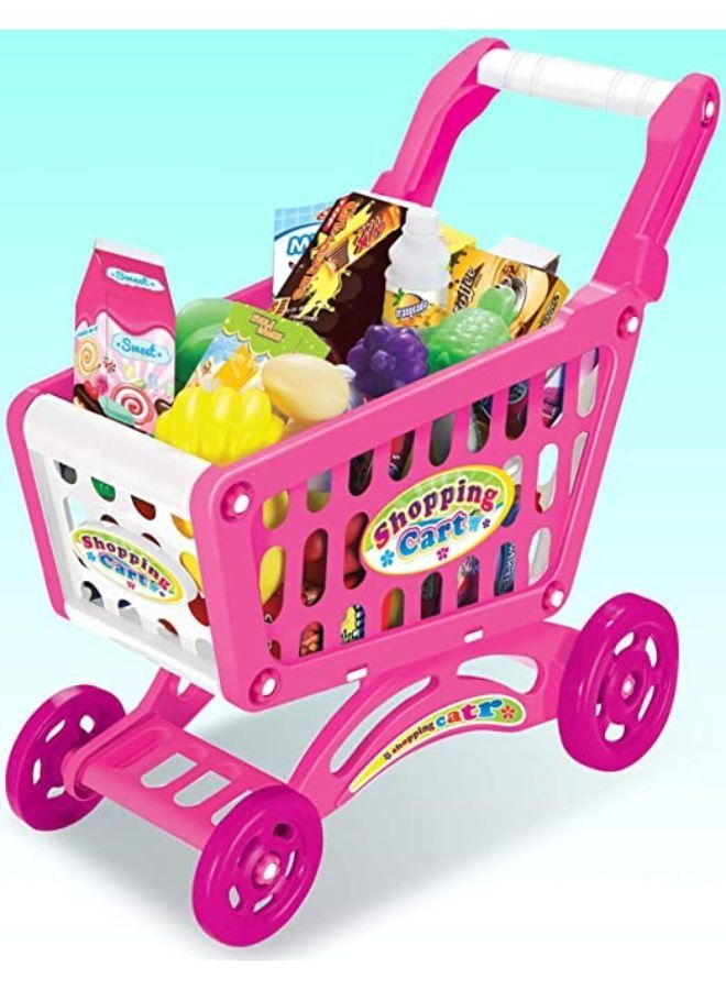 Simulation shopping cart Kids Mini Cart Toy Children Shopping Trolley Play Set With Fruit Vegetables Food Handcart Pink