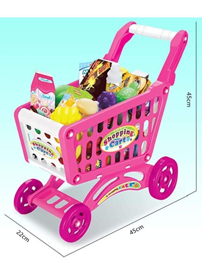 Simulation shopping cart Kids Mini Cart Toy Children Shopping Trolley Play Set With Fruit Vegetables Food Handcart Pink