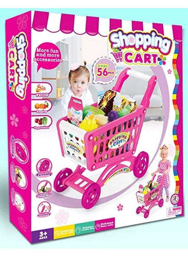 Simulation shopping cart Kids Mini Cart Toy Children Shopping Trolley Play Set With Fruit Vegetables Food Handcart Pink