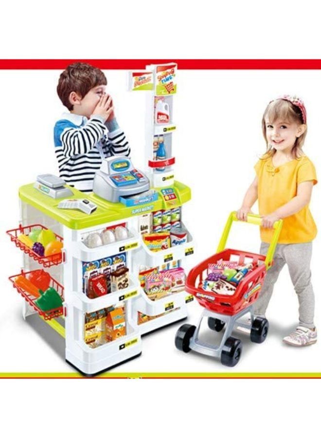 Kids Simulation Supermarket Shopping Cart Combination Set Scan Cash Register Toys Supermarket Combination Set And Scanner Color Green.