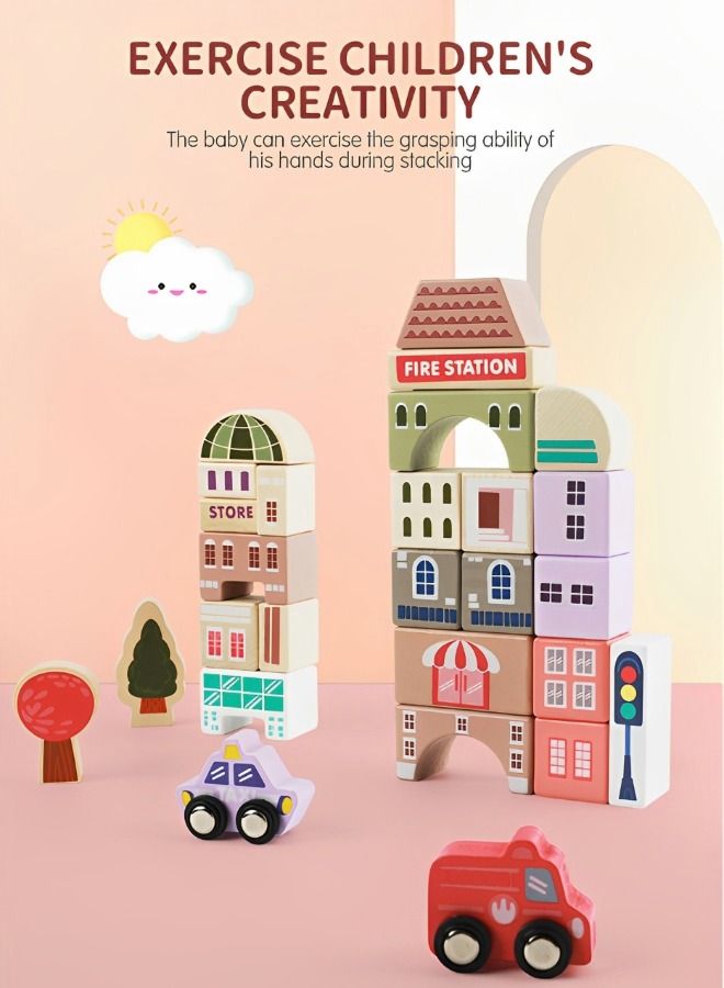 115 PCS Wooden Building Blocks with City Map Construction Building Sets,Wooden Toddler Toys,Preschool Learning Educational Toys,Stacking Blocks Montessori Toys for Kids