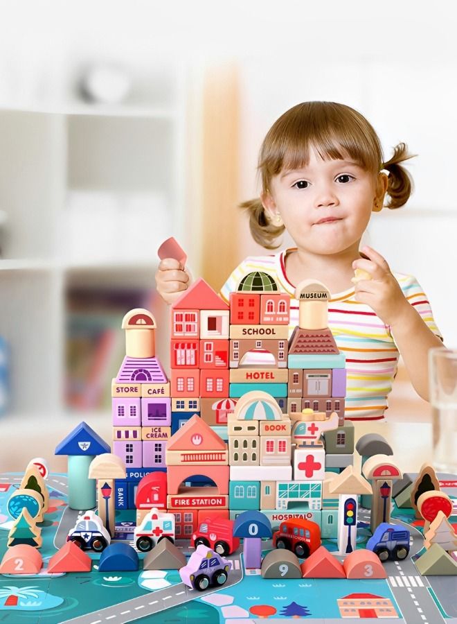 115 PCS Wooden Building Blocks with City Map Construction Building Sets,Wooden Toddler Toys,Preschool Learning Educational Toys,Stacking Blocks Montessori Toys for Kids