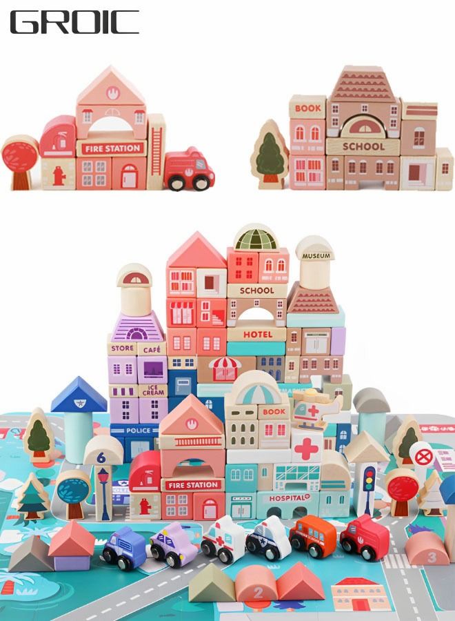 115 PCS Wooden Building Blocks with City Map Construction Building Sets,Wooden Toddler Toys,Preschool Learning Educational Toys,Stacking Blocks Montessori Toys for Kids