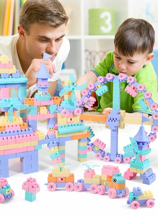 220 Pcs Building Blocks Set Children's Toys, Intelligence Assembling Scenes Light-Colored Building Blocks with Number & Cartoon Sticker Colorful Stackable Blocks