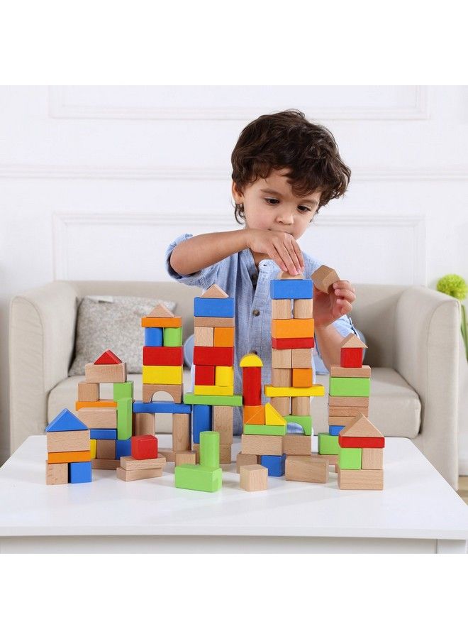 Wooden Blocks 100 Pcs Building Blocks For Toddlers Includes Storage Container With Shape Sorter Top Hardwood Plain & Colored Wood Blocks Preschool Block Learning Toys