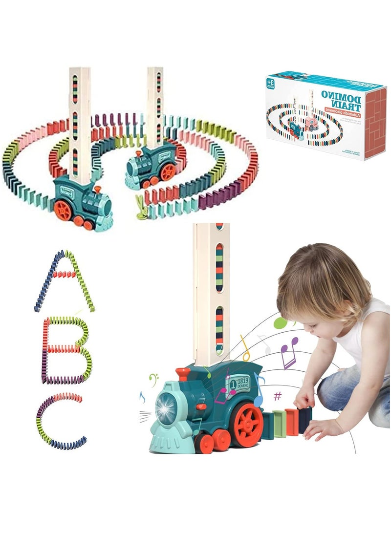 Domino Train Toy Car Domino Stacking Building Block Set Children's Building Block Domino Toy Electric Children's Creative Toy Game Educational Toy (Blue)