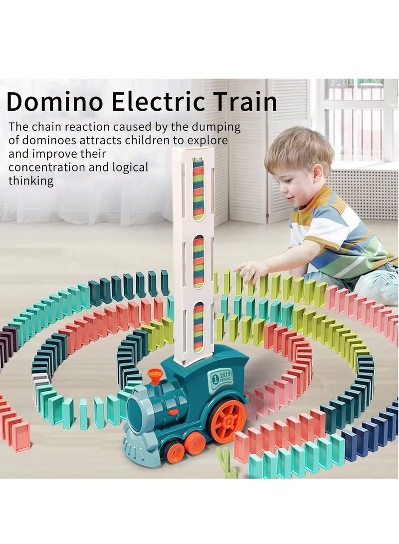 Domino Train Toy Car Domino Stacking Building Block Set Children's Building Block Domino Toy Electric Children's Creative Toy Game Educational Toy (Blue)