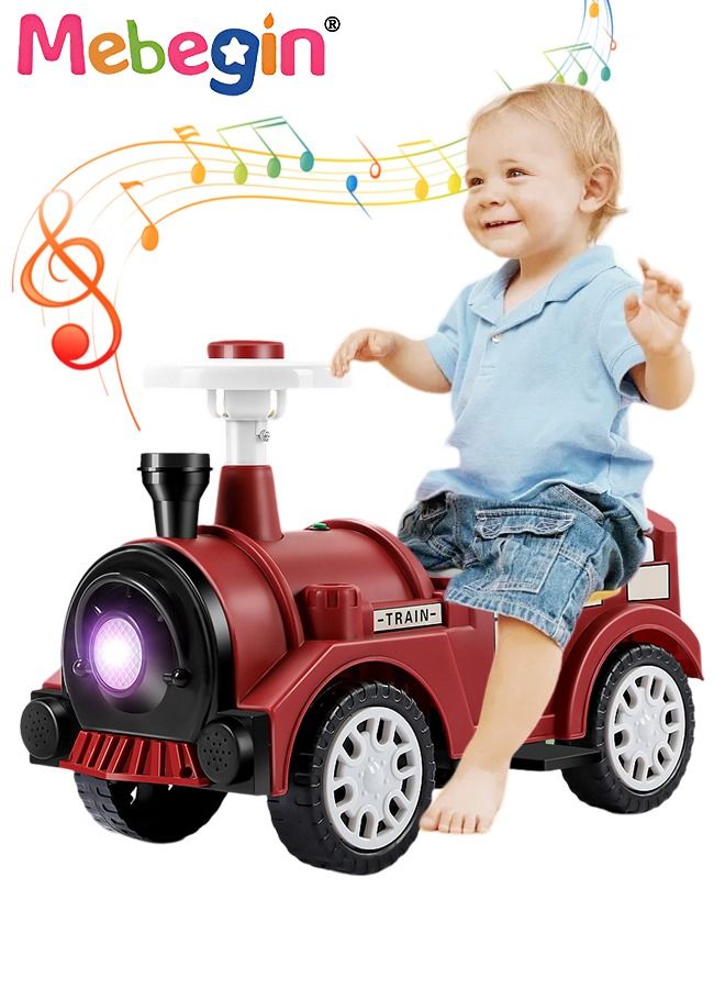 Kids 4-wheeled Balance Car with Large Storage Space Under Seat, Push Car with Music and Light, Anti Roll-over Toy Car, Sturdy Ride On Toy, Train-shaped Push Along Car, No Pedal