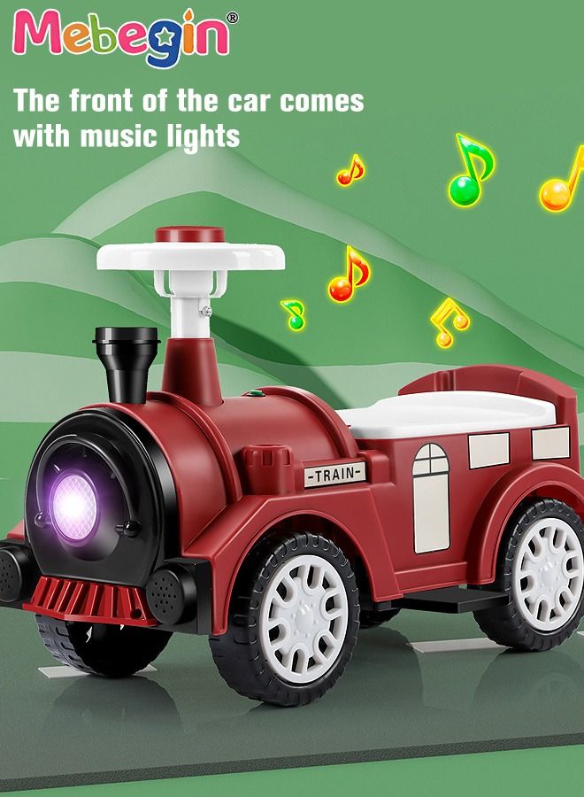 Kids 4-wheeled Balance Car with Large Storage Space Under Seat, Push Car with Music and Light, Anti Roll-over Toy Car, Sturdy Ride On Toy, Train-shaped Push Along Car, No Pedal