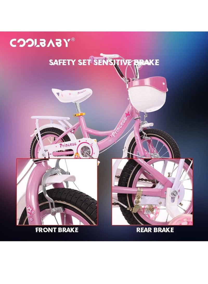 COOLBABY Kids Bike with Hand Brake and Basket for Ages 3-8 Years 16 Inch Princess Bikes Bicycles With Backseat