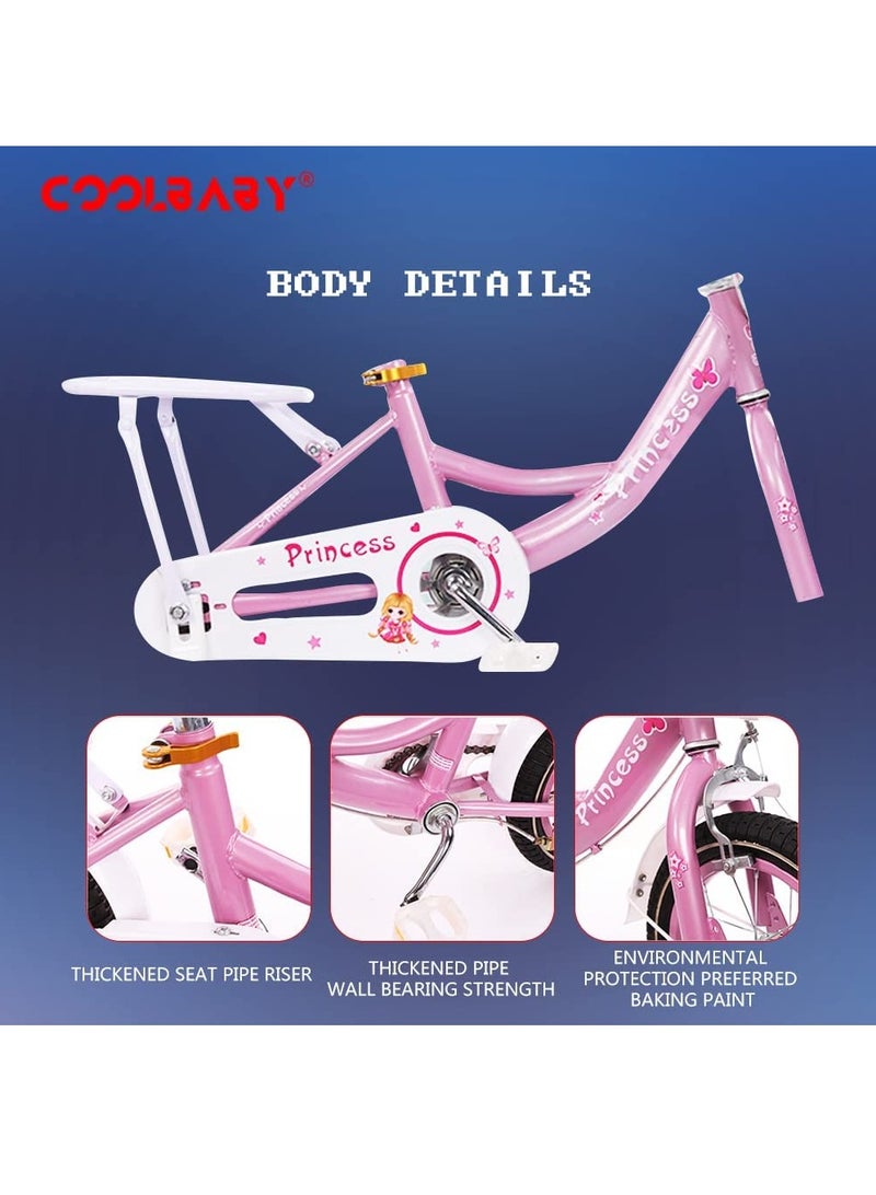 COOLBABY Kids Bike with Hand Brake and Basket for Ages 3-8 Years 16 Inch Princess Bikes Bicycles With Backseat