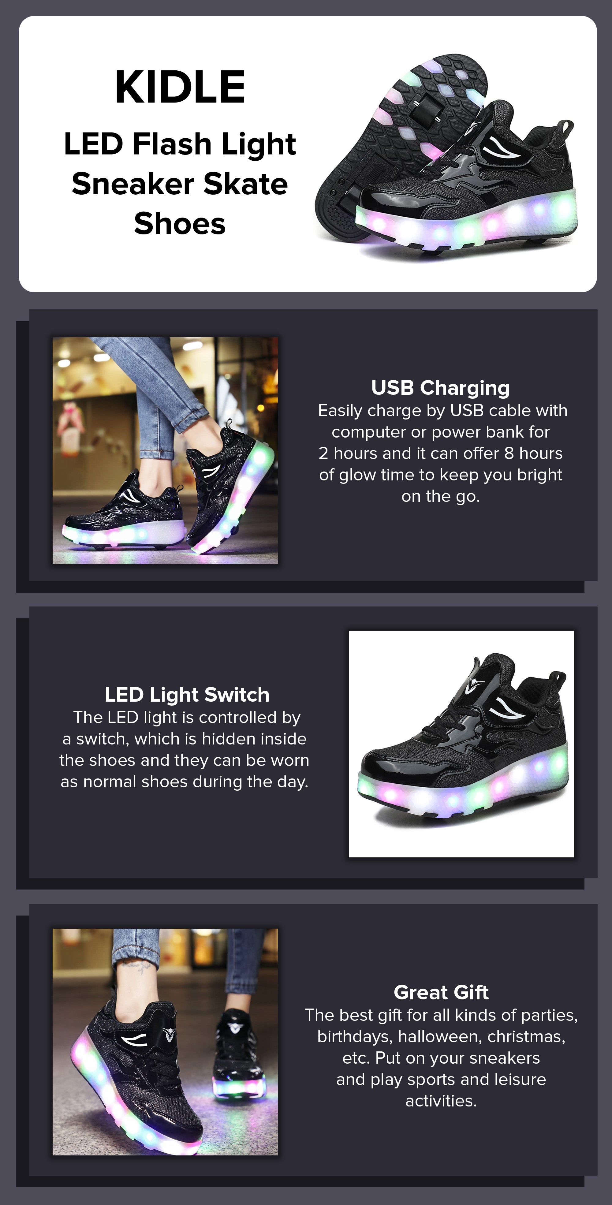 LED Flash Light Fashion Shiny Sneaker Skate Shoes With Wheels And Lightning Sole