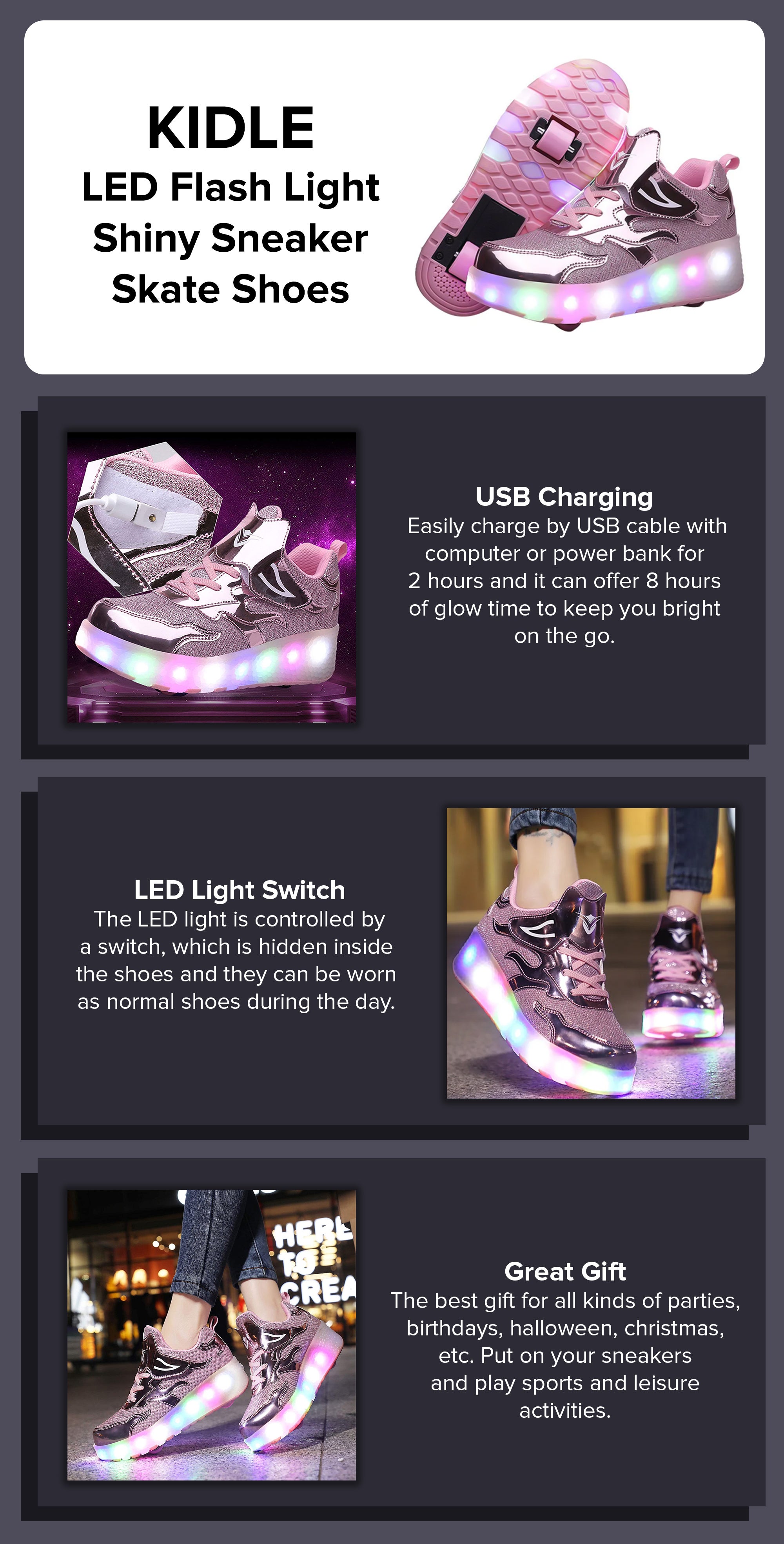 LED Flash Light Fashion Shiny Sneaker Skate Shoes With Wheels And Lightning Sole