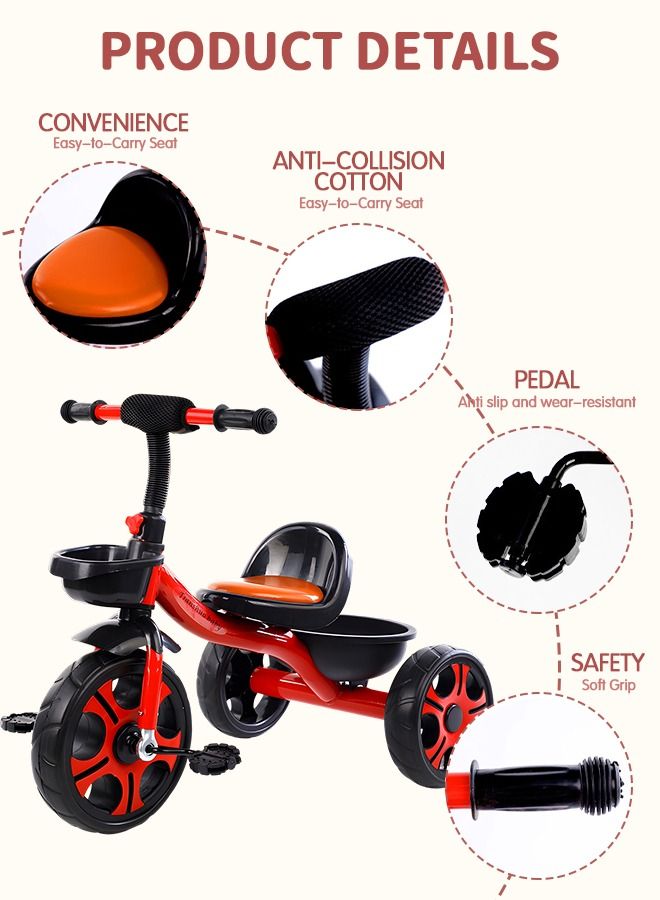 Kids Tricycles, Kids Trike Tricycles Toddler Bike with Basket, Baby Balance Bike with Adjustable Seat, Non-Slip Tires, Riding Toy for Training Motor Skills, Learning Balance