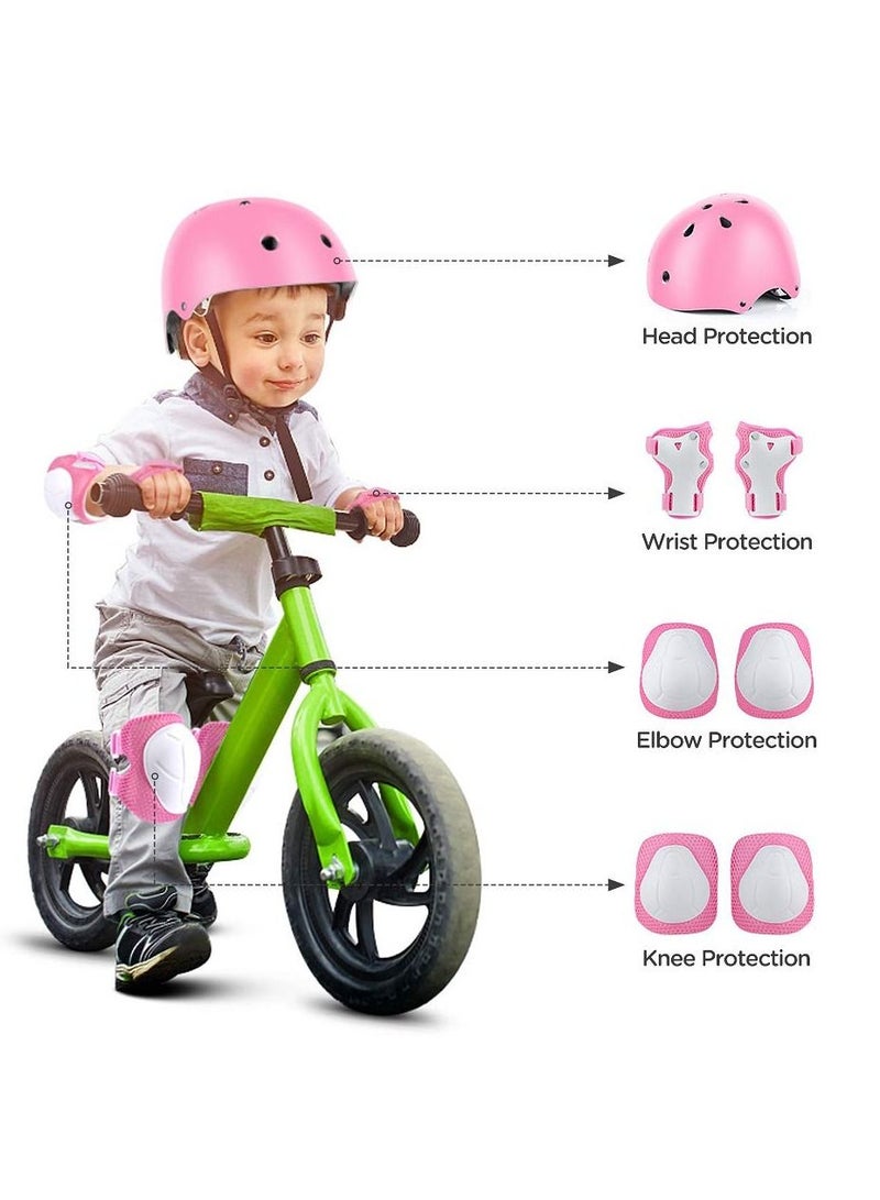 Roller Skating protective gear children's helmet set of riding elbow wristband, skateboard skates balance bike helmet knee pads 7 pcs - Pink