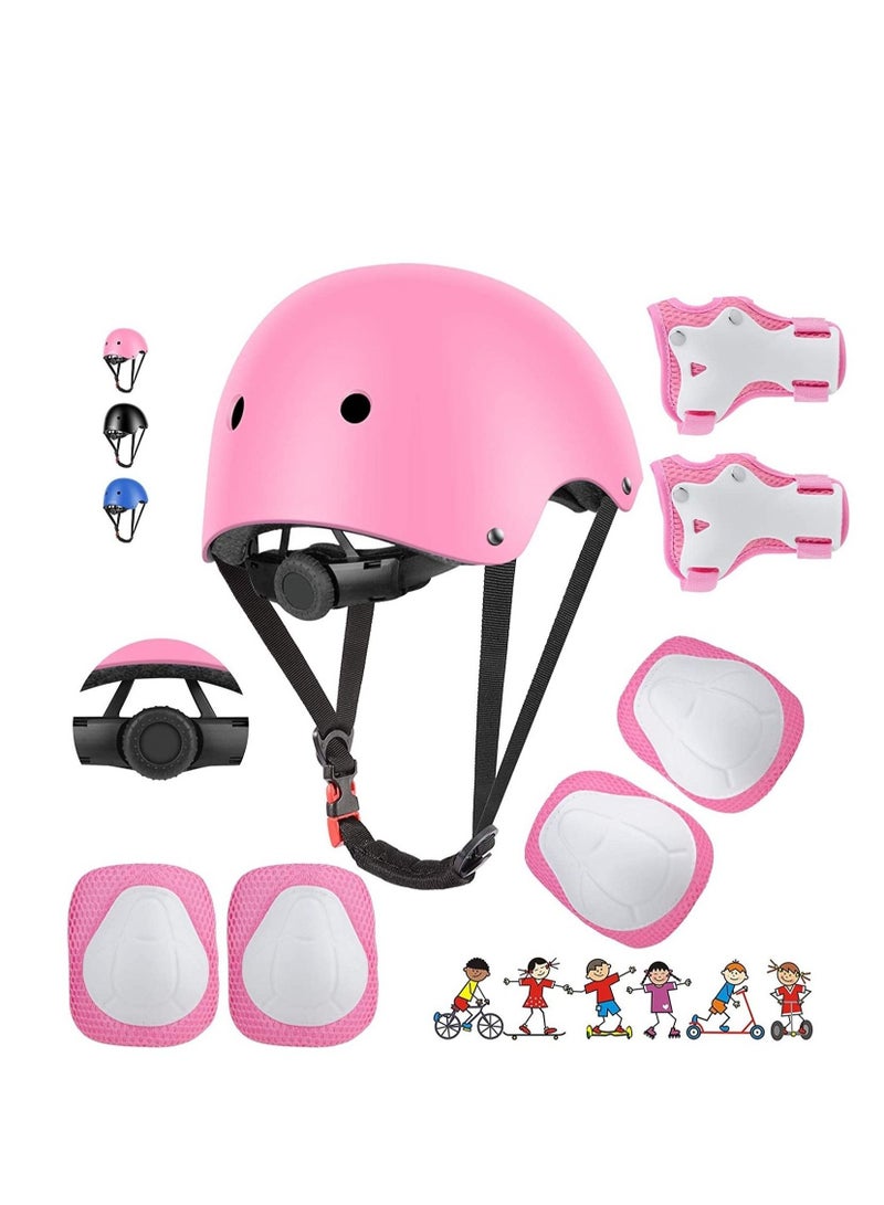 Roller Skating protective gear children's helmet set of riding elbow wristband, skateboard skates balance bike helmet knee pads 7 pcs - Pink