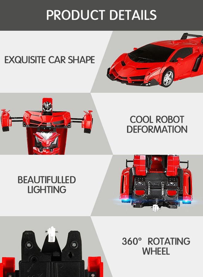 RC Car Transforming Robot Car Toy with LED Light, One Button Transform, 360° Rotation Drift Car 1:18 Scale, 2 in 1 Electronic Toy