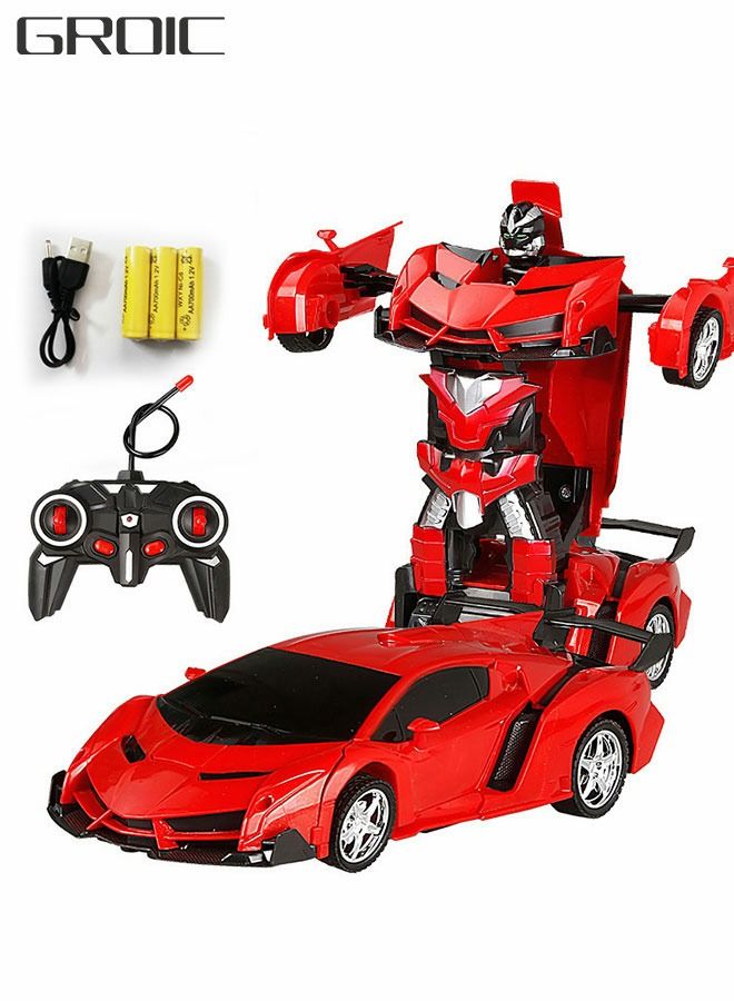 RC Car Transforming Robot Car Toy with LED Light, One Button Transform, 360° Rotation Drift Car 1:18 Scale, 2 in 1 Electronic Toy