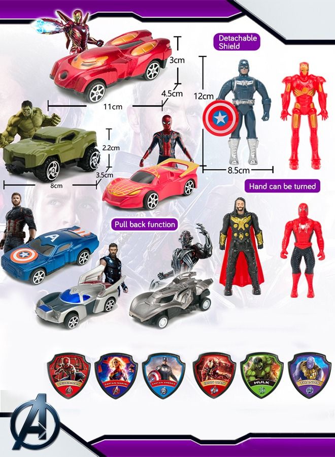 GROIC Marvel Avengers Pull Back Cars Set with Vehicle Superheroes Figures