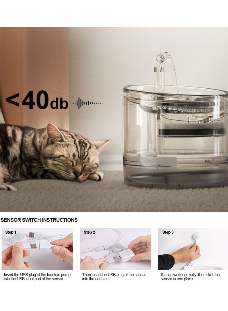 Transparent Automatic Cat Water Fountain - Pet Dog Water Fountain Full Kit With Sensor.Big 1.8L Tank & 200ml Bowl Capacity & 3 Flow Faucet modes Healthy & Hygienic Super Quiet for Small Cats & Dogs.