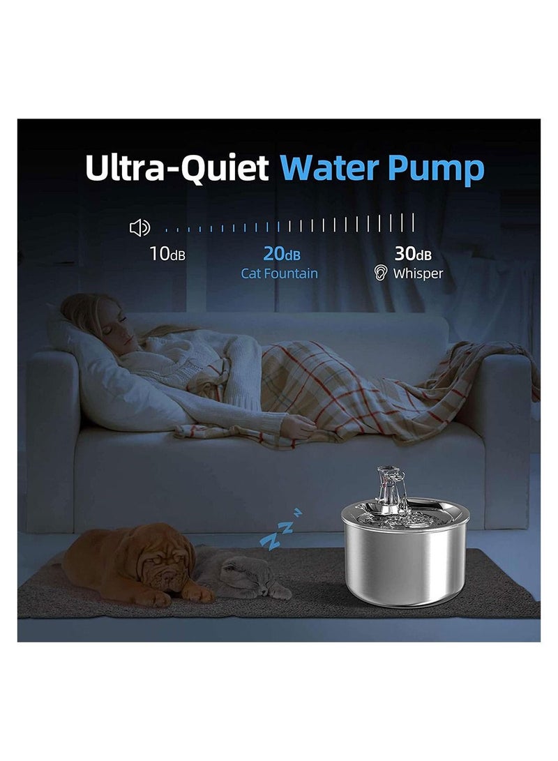 COOLBABY 2L Cat Water Fountain Multiple Filter Stainless Steel Pet Water Fountain Safety Silent Water Pump Buoy water level detection