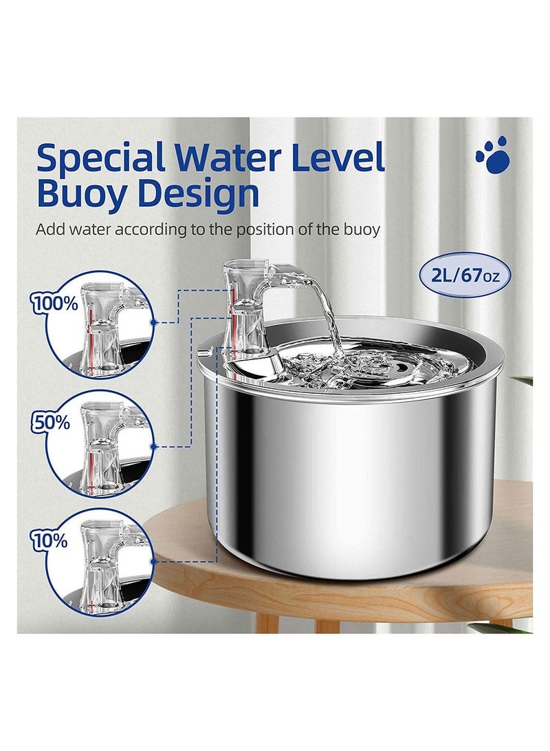COOLBABY 2L Cat Water Fountain Multiple Filter Stainless Steel Pet Water Fountain Safety Silent Water Pump Buoy water level detection