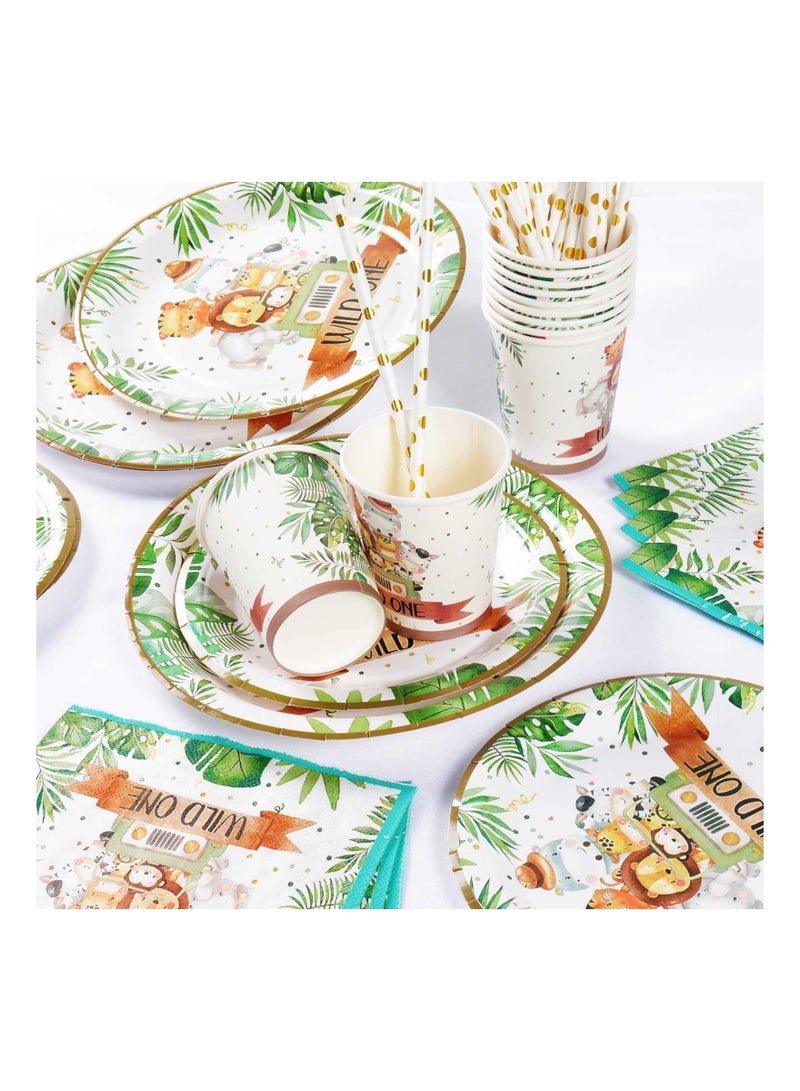 Wild One Birthday Decorations Plates Set for 20 Guests, Boys Safari Jungle Theme Party Disposable Green Paper Cups Napkins Straws Tableware of Supplies