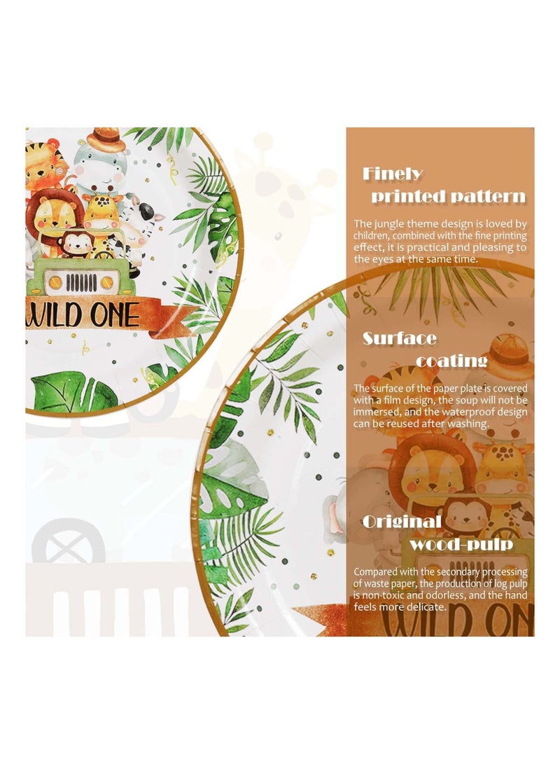 Wild One Birthday Decorations Plates Set for 20 Guests, Boys Safari Jungle Theme Party Disposable Green Paper Cups Napkins Straws Tableware of Supplies
