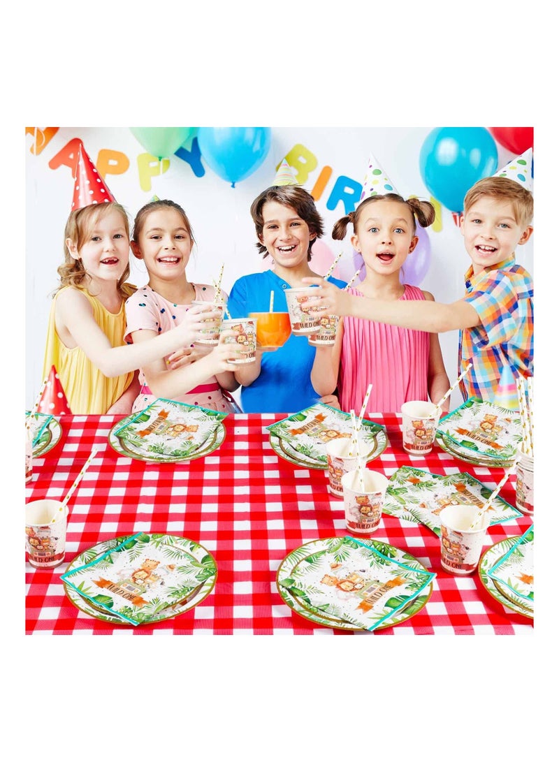 Wild One Birthday Decorations Plates Set for 20 Guests, Boys Safari Jungle Theme Party Disposable Green Paper Cups Napkins Straws Tableware of Supplies