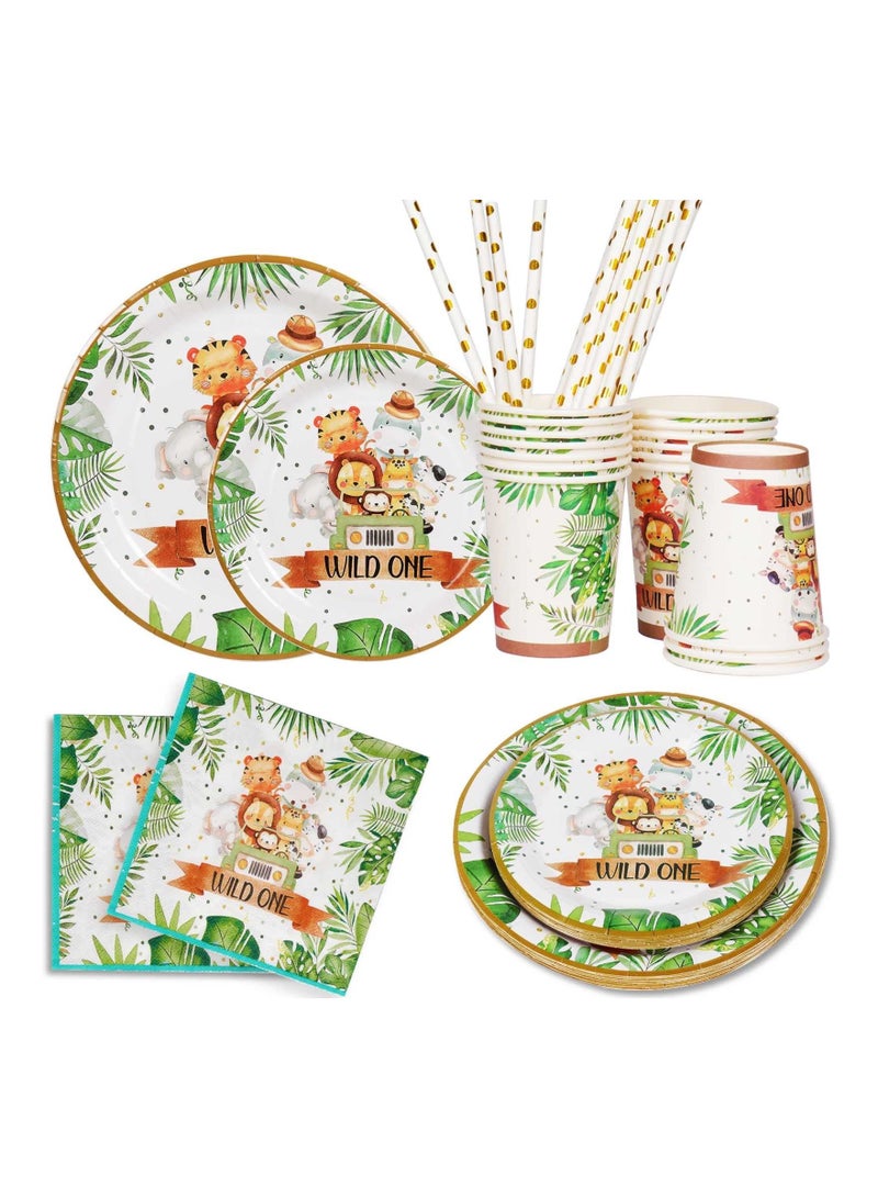 Wild One Birthday Decorations Plates Set for 20 Guests, Boys Safari Jungle Theme Party Disposable Green Paper Cups Napkins Straws Tableware of Supplies